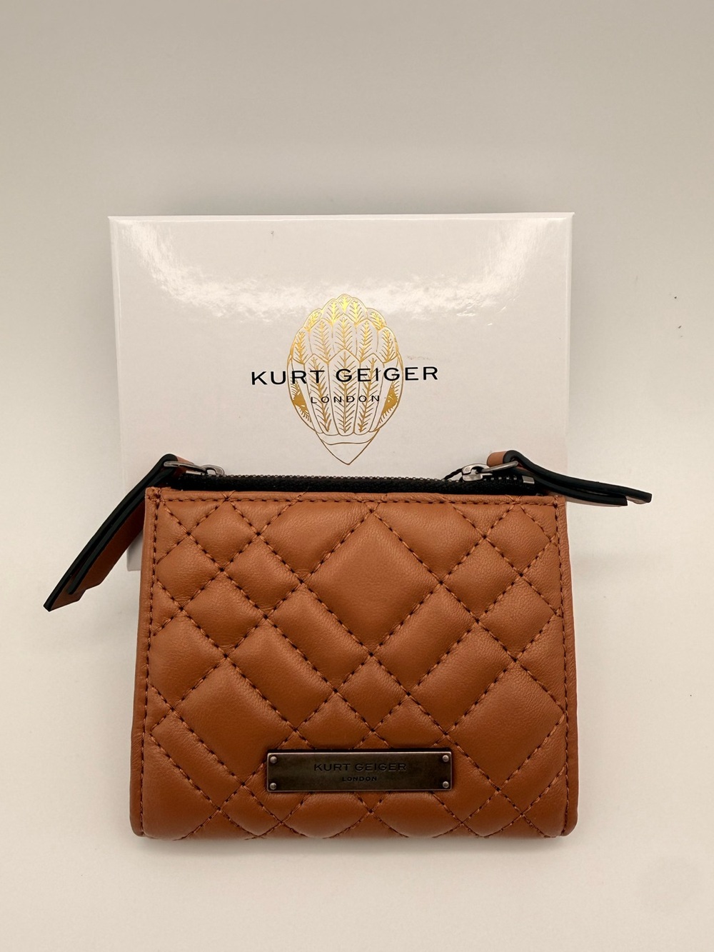 KURT GEIGER Quilted Leather Coin & Card Case Camel NWT